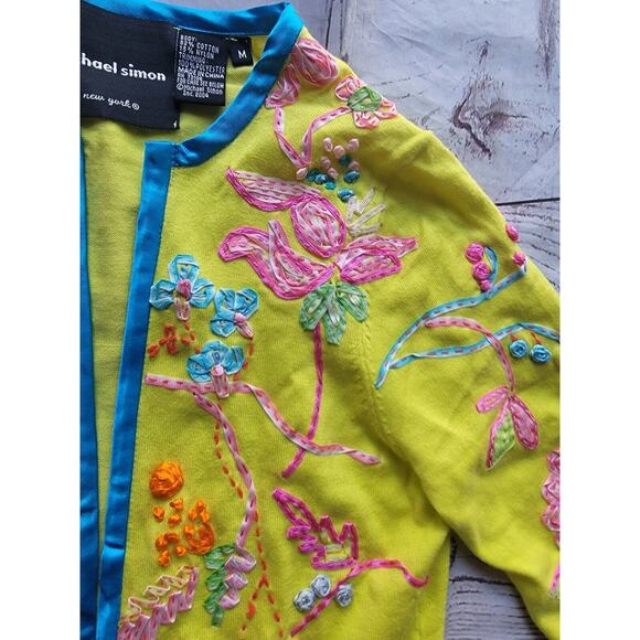 Michael Simon Cotton Embroidered Ribbon Neon Green Open front Cardigan M READ - Picture 5 of 13